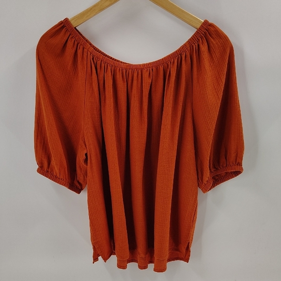 LOFT Blouse Size Large Fall Orange Color Elastic Neck &  Short Sleeve Relaxed - Picture 1 of 4